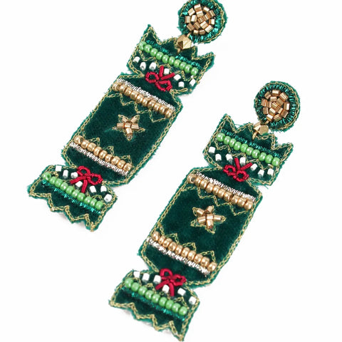 My Doris Hand Beaded Green Christmas Cracker Stud Earrings