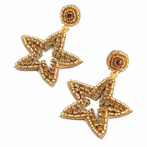 My Doris Statement Hand Beaded, Gold Star Stud Earrings