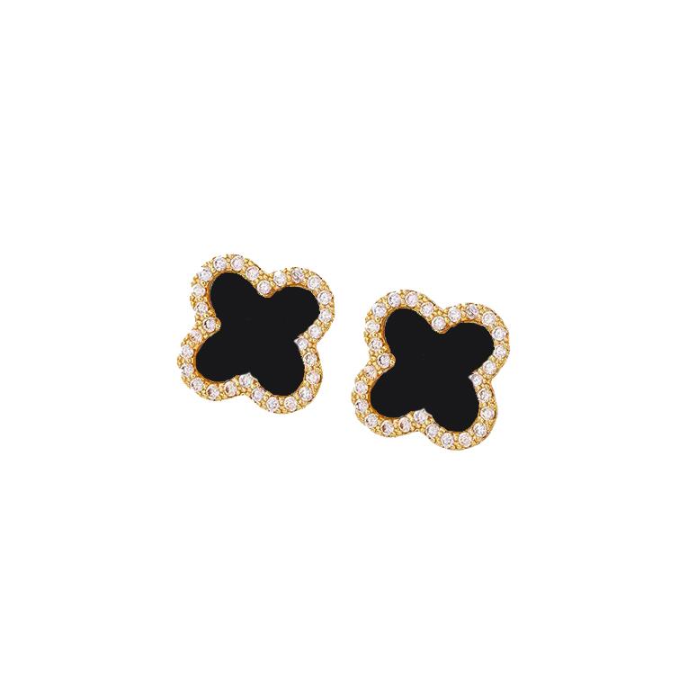 Last True Angel Black Crystal Studded Clover Stud Earrings