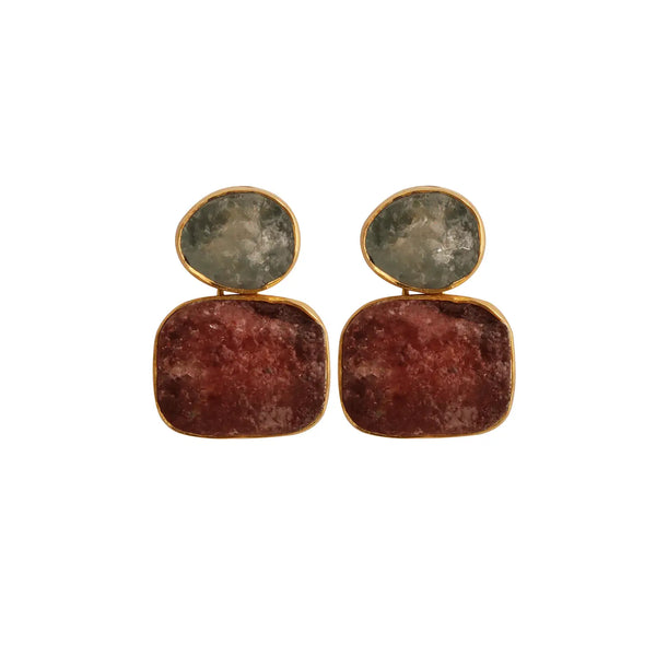 El Joyero Raw Hand Made Aquamarine & Strawberry Quartz Stud Earrings
