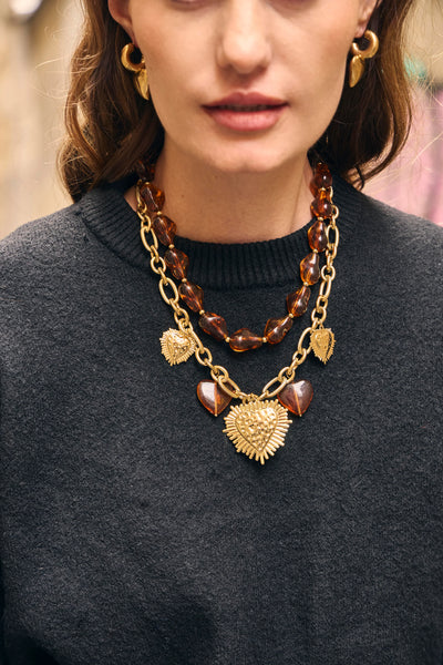 Eclat Paris Amber Brown Resin Statement Necklace
