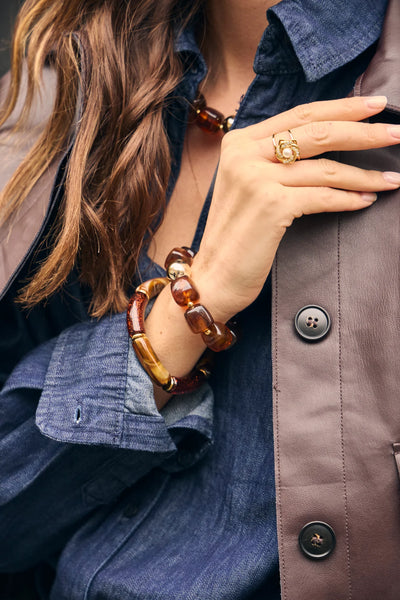 Eclat Paris Amber Brown Elasticated Bead Bracelet