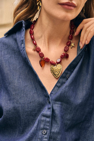 Eclat Paris Burgundy Red Statement Beaded Necklace