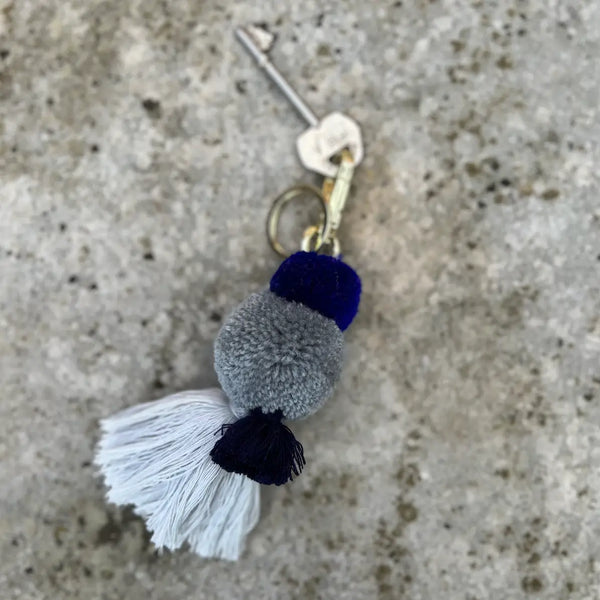 Pom Pom Galore Indigo Blue & Grey,Pom Pom Tassel  Keyring, Bag Charm