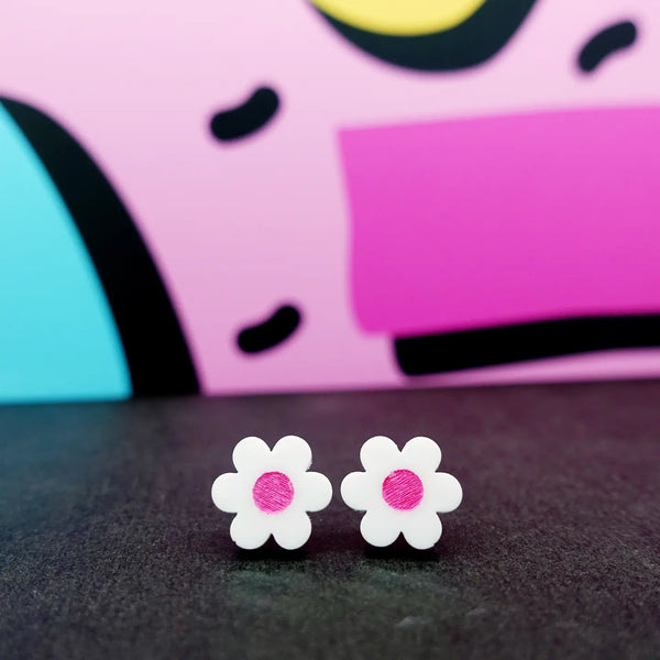 Silly Loaf White & Pink Daisy Stud Earrings