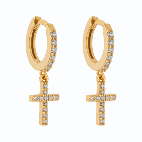 Piccadilly Lily Gold Crystal Cross Huggie Hoop Earrings
